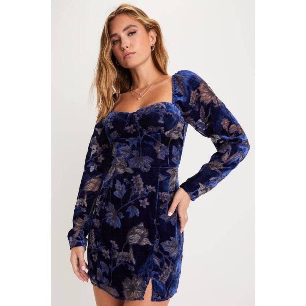 Lulus Simply Decadent Navy Velvet Burnout Floral Bustier Mini Dress Blue